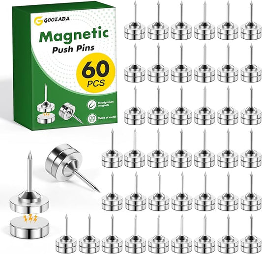60 Pack Magnetic Push Pins, Silver Magnet Thumb Tacks, Metal Magnet Tacks, Magnetic Clips, Push Pins for Cork Board, Bulletin Board, Photo Wall, Wall-DeskLoop Office