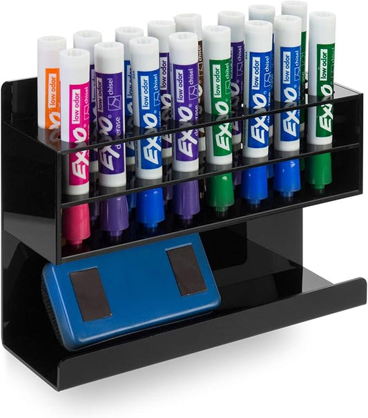 MyGift Wall Mounted Premium Black Acrylic Dry Erase Marker Holder with 16 Slots for Marker Pens and Eraser Storage Tray Whiteboard Accessories Rack for Home Office School Dorm-DeskLoop Office