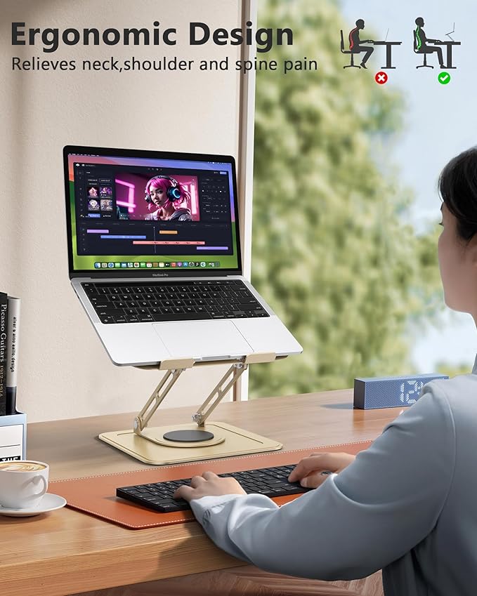 Laptop Stand for Desk,Adjustable Computer Stand with 360 Rotating Base,Ergonomic Laptop Riser Foldable Laptop Mount Protable Computer Stand for Laptop Compatible with MacBook Pro/Air 10-16",Gold