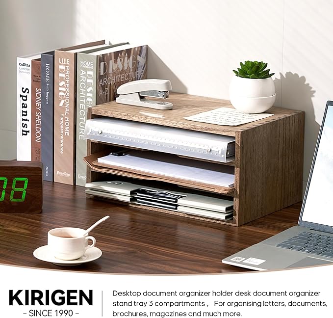 KIRIGEN Wooden Desktop Organizer Paper Storage Letter Tray File Sorter - Desk Rack Magazine File Dividers Holders for Home Office Accessories with 3 Layer Trays Dark Brown (3KWJG-DBR)-DeskLoop Office