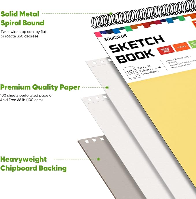 College Graduation Gifts, Halloween Christmas Gifts, Nursing Student Essentials, Teacher Appreciation Gifts, Soucolor 9" x 12" Yellow Sketch Book, 1-Pack 100 Sheets Spiral Bound Drawing Paper-DeskLoop Office
