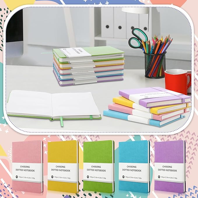 10 Pack Bullet Dotted Journal Notebook Bulk, A5 Dot Grid Notebook with 100 GSM Paper, Leather Hardcover Dotted Journal with 160 Pages for Women Men Writing Journaling Planning, 5.7 x 8.3 Inch-DeskLoop Office