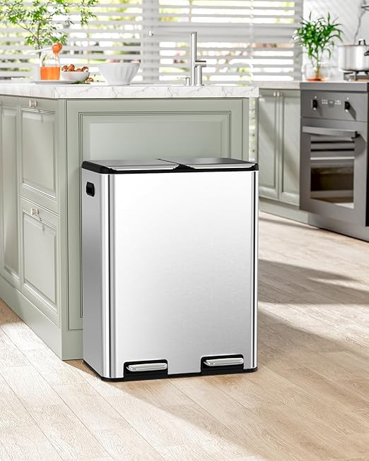 16 Gal (2 x 30 L) Dual Trash Can, Stainless Steel Kitchen Garbage Bin, Recycle Dustbin with Odor Control Box, Soft-Close Lid, Inner Buckets, Side Handle, Step Pedal, for Home Office-DeskLoop Office