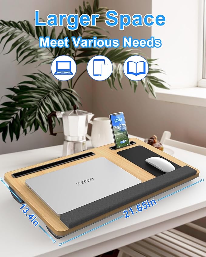 Laptop Lap Desk, Portable Large Laptop Desk for Bed, Up to 17 in Lap Table with Wrist Rest, Mouse Pad, Tablet Phone Slot, Portable Handle, Cushion (Light Brown)-DeskLoop Office