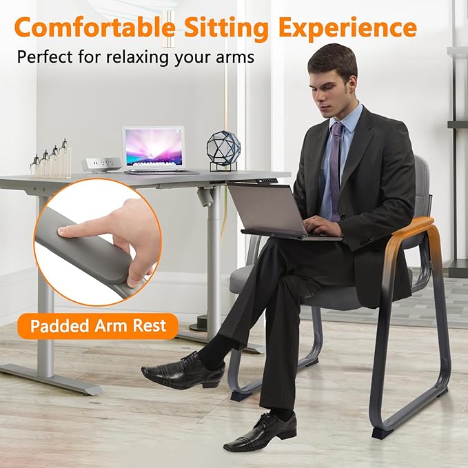 CLATINA Waiting Room Guest Chair with Bonded Leather Padded Arm Rest for Office Reception and Conference Desk Black with Sled Base Grey 2 Pack-DeskLoop Office