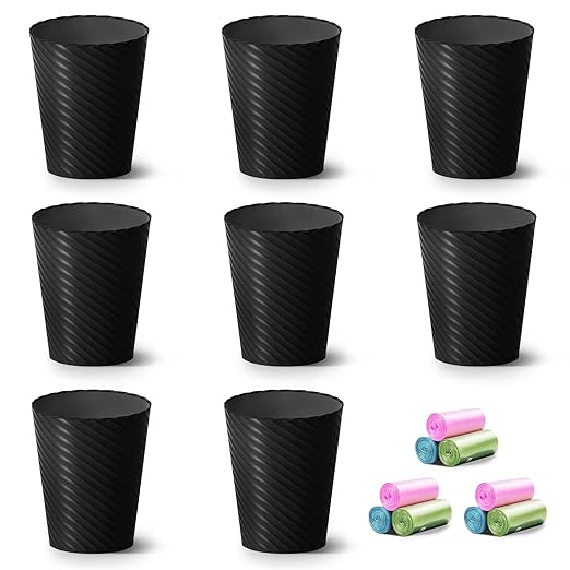 Bathroom Trash Can, 8 Pack 1.8 Gallons Small Trash Can with Trash Bags, Bathroom Garbage Can, Plastic Trash Bin, Round Waste Basket for Living Room, Bedroom, Office, Kitchen, Compact Space (Black)-DeskLoop Office