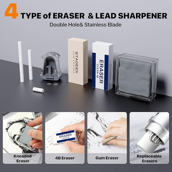 35Pcs Art Mechanical Pencil Set with Case, 0.5 0.7 0.9 2.0 Graphite Metal Drawing Drafting Pencils, Sharpener Erasers 384PCS Lead Refills (6B 4B 2B HB 2H 4H Colors)Pencils for Writing Sketching,Silver-DeskLoop Office