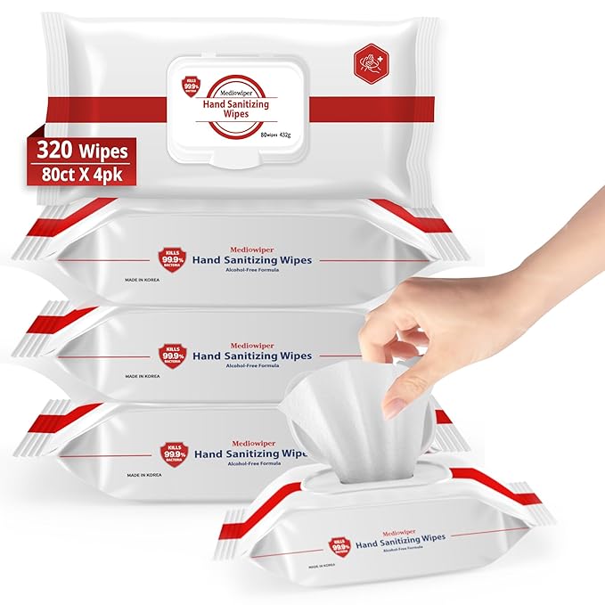 MEDIWIPER 80ct Alcohol-Free Hand Sanitizing Wipes Unscnted Wet Wipe, Hand Sanitizer (320 Wipes (80 * 4))-DeskLoop Office
