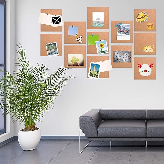 SUNGIFT Cork Board 12"x12" - 1/2" Thick Square Bulletin Boards 12 Pack Cork Tiles with 100 PCS Push Pins Mini Wall Self-Adhesive Corkboards Tiles for Wall-DeskLoop Office