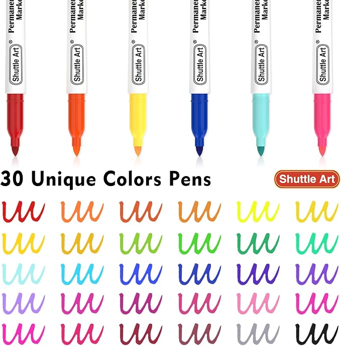 Shuttle Art 30 Colors Permanent Markers, Fine Point, Assorted Colors, Works on Plastic,Wood,Stone,Metal and Glass for Kids Adult Coloring Doodling Marking-DeskLoop Office