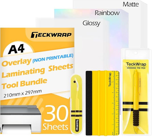 TECKWRAP Laminating Sheets Sticker Paper Laminate Sheets for Photo Paper Inkjet Printable Vinyl Squeegee Tools A4 30PCS Clear Overlay Transfer Paper, Matte Lamination Sheets, Holographic Stickers-DeskLoop Office