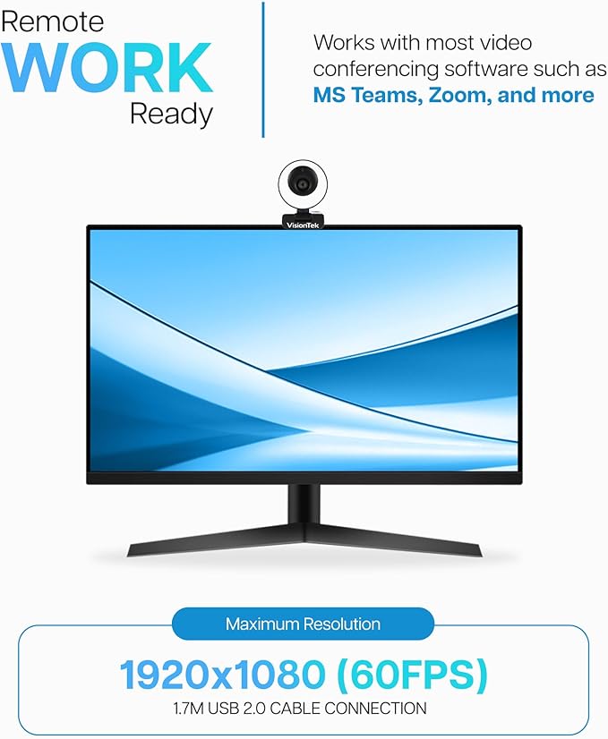 VisionTek VTWC40 Premium Autofocus Full HD 1080P 60FPS Webcam, Chromebook, Computer Video Camera, Digital Dual Microphones, Privacy Cover, 96-Degree Viewing Angle, Work, Study, & Stream (901442)-DeskLoop Office