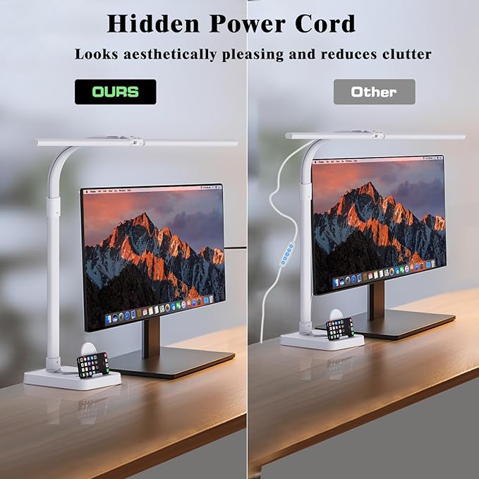 LED Desk Lamp for Home Office, 24W Bright Desk Lamp with Phone Holder Base - 25 Lighting Modes Eye-Caring Desk Light Adjustable Gooseneck Lamp for Workbench Drafting Reading Study-White-DeskLoop Office