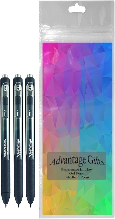 Paper Mate InkJoy Gel Pens, Black Ink, Medium Point (0.7mm), 3 Count, Bundle with Plastic Reusable Pouch-DeskLoop Office