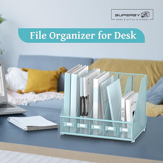 SUPEASY Desk Organizers Metal Desk Magazine File Holder with 5 Vertical Compartments Rack File Organizer for Office Desktop, Home Workspace, Blue-DeskLoop Office