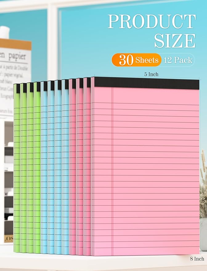 Notepads 5x8 Colored Small Legal Pads, 12 Pack Colored Note Pads 5x8 Pink Notebook Paper, Notepad 5x8 Lined Paper Pads, Small Pads of Paper 5x8 Pink Lined Paper 5 x 8, 30 Sheets/Pad(Blue, Pink, Green)-DeskLoop Office
