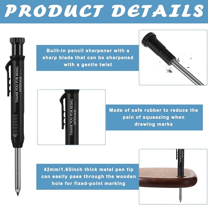 Colarr 10 Pcs Mechanical Carpenter Pencil with 60 Refill Deep Hole Mechanical Pencil Marker with Sharpener Black Solid for Carpentry Architect Birthday Thanksgiving Gift-DeskLoop Office