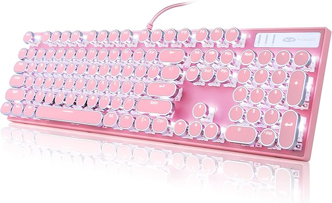 Camiysn Typewriter Style Mechanical Gaming Keyboard, Pink Retro Punk Gaming Keyboard with White Backlit, 104 Keys Blue Switch Wired Cute Keyboards, Round Keycaps for Windows/Mac/PC-DeskLoop Office