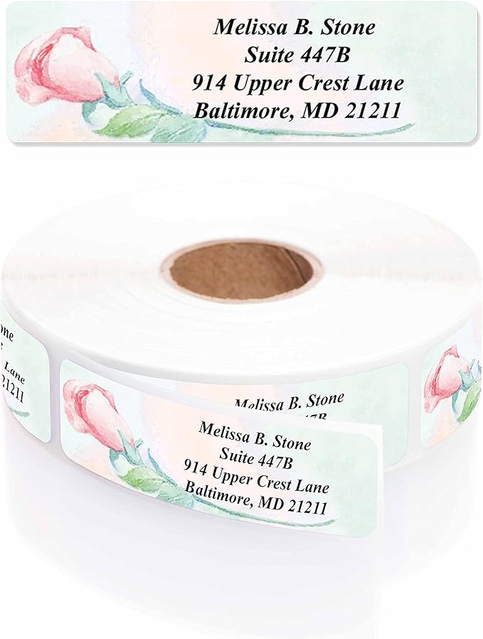 Soft Rose Watercolor Designer Rolled Address Labels with Elegant Plastic Dispenser-DeskLoop Office