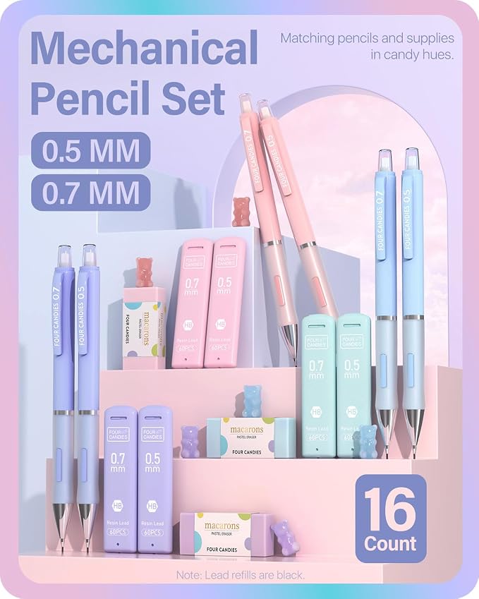 Four Candies Cute Pastel Mechanical Pencil Set, 6 Pack | 360 Lead Refills - Image 9
