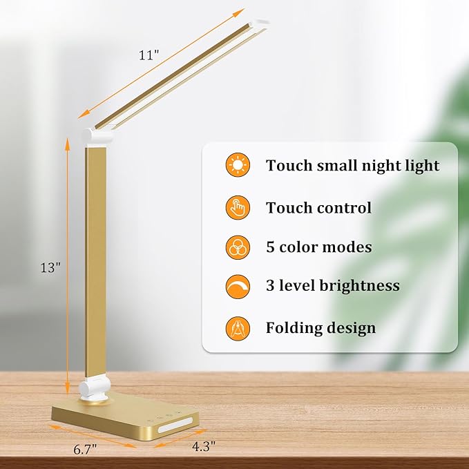 LED Desk Lamp with USB Ports,Touch Desk Lamps for Home Office with 5 Color Modes,3 Brightness Desk Light with Small Night Light,Reading Lamp Table Lamp for Bedroom Bedside Study Gold (with adapter)