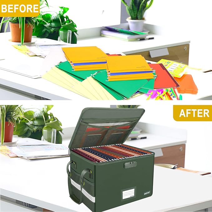 ENGPOW File Box with Lock, Fireproof Document Box with Zipper Lid, Collapsible File Storage Organizer Filing Cabinet with Handle, Portable Home Office Safe for Hanging Letter/Legal Folders, Green-DeskLoop Office