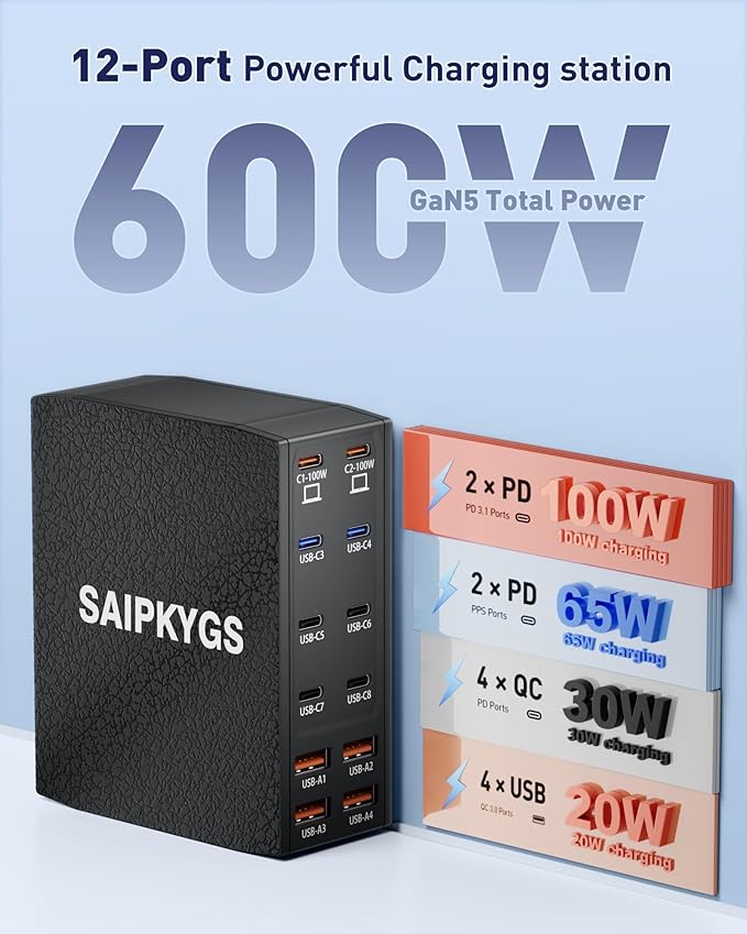 Charging Station (600W),12-Port USB C Charger Block with Dual 100W PD USB-C Fast Charging Station Hub for MacBook Pro/Air/All iPad iPhone 17/16 15/14/13/Pro Max/Samsung Galaxy Note (Black)-DeskLoop Office