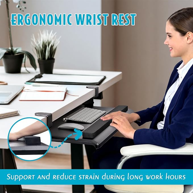 EHO Large Ergonomic C-Clamp Keyboard Tray Mount Under Desk with Wrist Rest, Slide-Out Platform 27.5" (31.8" Including Clamps) x 12.5", Pull Out Keyboard & Mouse Tray for Home or Office, Black-DeskLoop Office