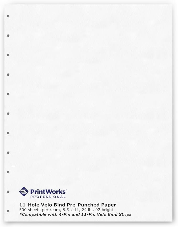 PrintWorks Professional Pre-Punched 11 Hole Velo Bind Paper for 11 Pin & 4 Pin Binding Spines - Book Binding Printer Paper - Made in the USA - 500 Sheets - 8.5" x 11" - 20 lb - 92 Bright White (04330)-DeskLoop Office