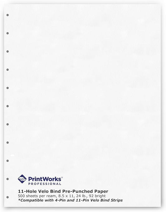 PrintWorks Professional Pre-Punched 11 Hole Velo Bind Paper for 11 Pin & 4 Pin Binding Spines - Book Binding Printer Paper - Made in the USA - 500 Sheets - 8.5" x 11" - 20 lb - 92 Bright White (04330)-DeskLoop Office