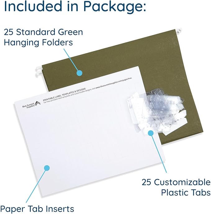 Blue Summit Supplies 25 Hanging File Folders, Reinforced Hanging Folders, Standard File Folders for Filing Cabinet, Letter Size, Green, 25 Pack-DeskLoop Office