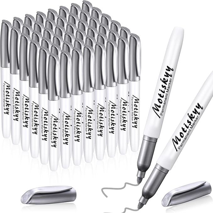 48 Pcs Metallic Permanent Markers Bulk Metallic Marker Pens Medium Tip Quick Dry Paint Pen for Classroom DIY Crafts Artist Illustration Gift Card Making(Silver)-DeskLoop Office