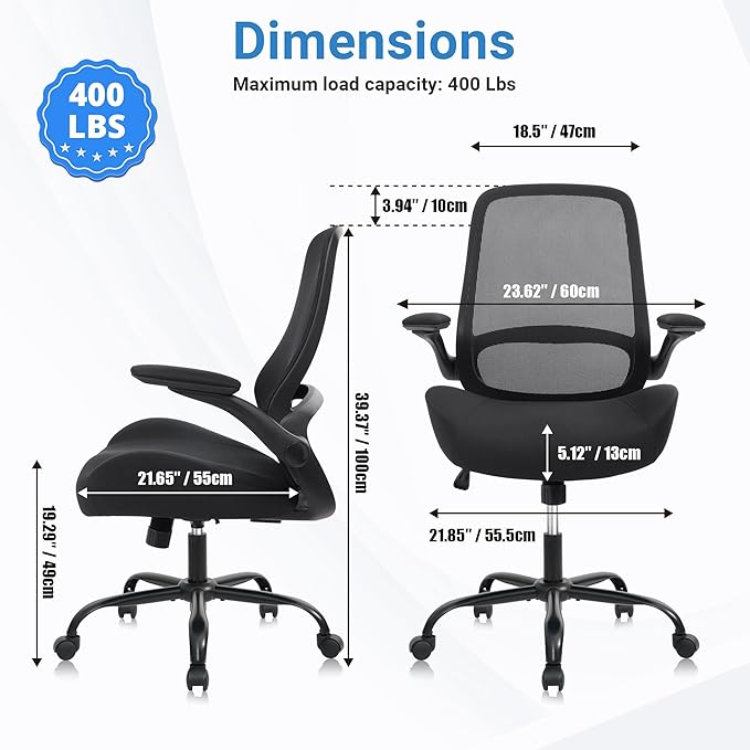 HYLONE Heavy Duty Office Chair, 5" Thickened Seat Ergonomic Desk Chair with Adjustable Armrests, Home Office Computer Chairs for Long Hours Mesh Executive Chair(Black)-DeskLoop Office