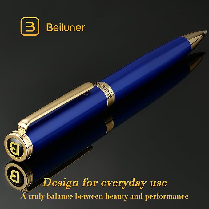 BEILUNER Blue Lacquer Gel Pen - Stunning Luxury Pen with 24K Gold Finish, ADMOK Black Refill, Executive Gift Set for Family & Friends, Writing, Fancy, Office, Retractable Pens-DeskLoop Office
