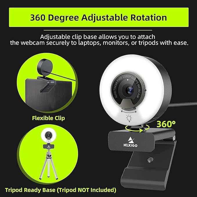 NexiGo N960E 1080P 60FPS Webcam with Light, Software Included, Fast AutoFocus, Built-in Privacy Cover, USB Web Camera, Dual Stereo Microphone, for Zoom Meeting Skype Teams Twitch (Renewed)-DeskLoop Office