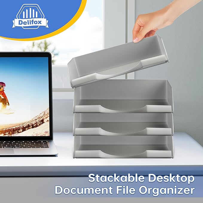 4 Pack Stackable Paper Trays for Letter Documents, Desktop File Organizers for Office Supplies, Stackable Desk Tray Holder for Paper Storage, Gray-DeskLoop Office