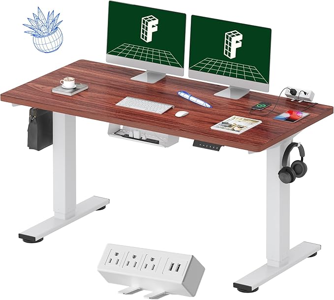 FLEXISPOT EN2 Whole-Piece Standing Desk with Clamp Power Strip, 55 x 28 Electric Stand Up Height Adjustable Desk with Cable Management (White Frame + 55" Mahogany Top, 2 Packages)-DeskLoop Office