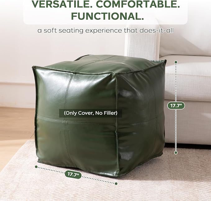 Unstuffed Pouf Cover, 17.7" Faux Leather Poofy Ottoman Cover, Square Footstool For Storage Living Room Decoration Foot Rest, Footrest for Bedroom Balcony Office Chair, (Only Cover, No Filler), Green-DeskLoop Office