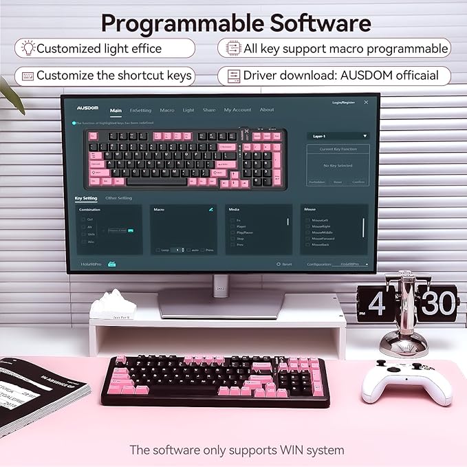 AUSDOM 98Pro Silent Wireless Mechanical Keyboard, Tri-Mode BT/2.4G/USB-C Hot Swappable Custom Quiet Keyboard with Backlit, Gasket Structure, PBT Keycaps, Pre-lubed Tactile Switches(Black Pink 97keys)-DeskLoop Office
