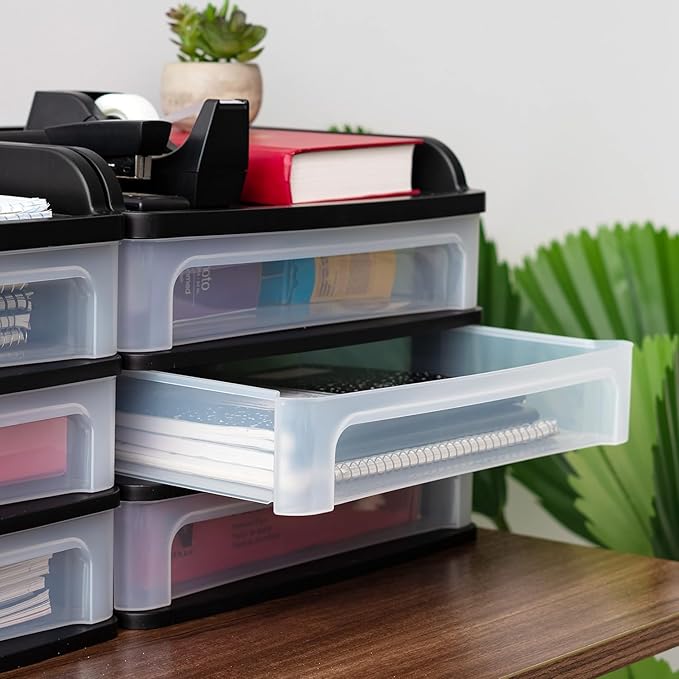 IRIS USA Plastic Desk Top 3-Drawer Storage Organizer with Paper Tray Top, 1-Pack, for Makeup Vanity Nail Polish Bathroom Stationery Art Craft Supplies Kitchen Office Garage Organization, Medium, Black-DeskLoop Office