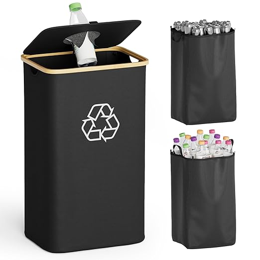 SpaceAid Recycling Bin for Kitchen 26 Gallon, 100L Recycle Bin with Lid and 2 Reusable Inner Bags, for Bottle Can Glass Plastic Stickers, Black-DeskLoop Office
