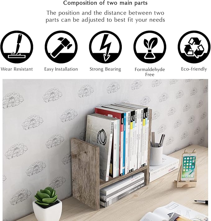 Jerry & Maggie Desktop Organizer Office Storage Rack Adjustable Wood Display Shelf Free Style Double H, Multi-Functional Mini Bookshelf for Desk Natural Stand (Gray Oak)-DeskLoop Office