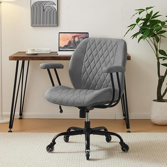 YFO Modern Ergonomic Office Desk Chair, Grey Leather with Lumbar Support, Adjustable Height, Swivel, Armrests, for Office, Gaming, Reading, Relaxing-DeskLoop Office