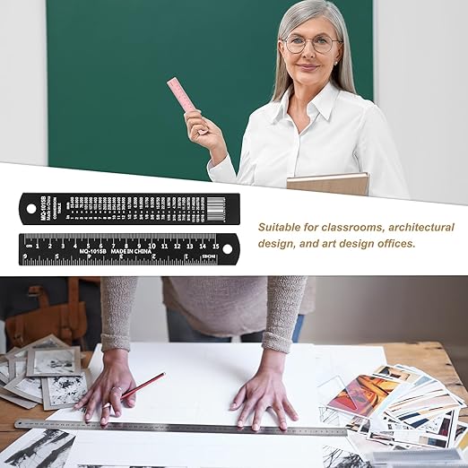 HARFINGTON 2pcs Metal Straight Ruler 15cm Metric SAE Aluminum Alloy Measuring Rulers Scale Tool with Hole for Measure Study Reading Classroom Office, Black-DeskLoop Office