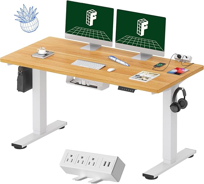 FLEXISPOT EN2 Whole-Piece Standing Desk with Clamp Power Strip, 55 x 28 Electric Stand Up Height Adjustable Desk with Cable Management (White Frame + 55" Maple Top, 2 Packages)-DeskLoop Office
