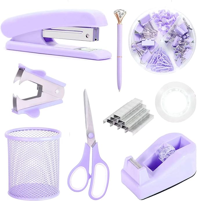 Purple Desk Accessories, Pink Office Supplies Set with Stapler, Tape Dispenser, Staple Remover, Pen Holder, Scissor, Binder/Paper Clips, Ballpoint Pen, Clear Tape and 1000pcs Staples-DeskLoop Office