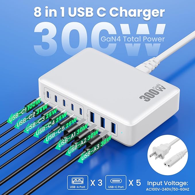 USB C Charger 300W USB C Charger Block 8-Ports GaN IV Fast Charging Station,PD 100W Laptop Charging Hub Wall Charge Adapter Compatible with MacBook/Air,DELL,Steam Desk,iPhone 16/15/14,Galaxy-DeskLoop Office