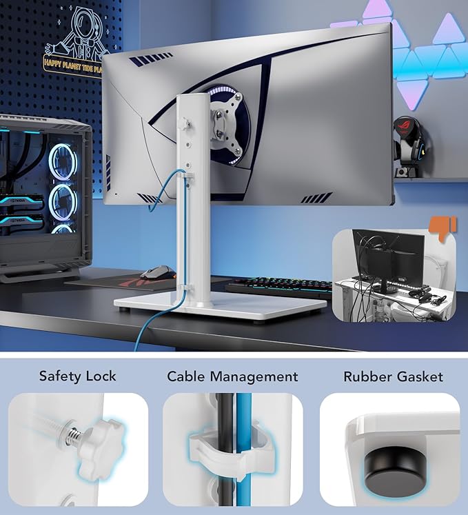 Single LCD Computer Monitor Free-Standing Desk Stand Riser for 13 inch to 32 inch Screen with Swivel, Height Adjustable, Rotation, Holds One (1) Screen up to 77Lbs(HT05W-001) White-DeskLoop Office