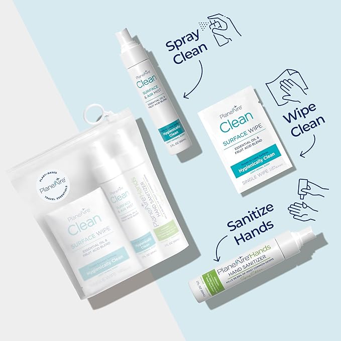 Travel Essentials | Hygiene Kit | Travel Toiletry Kit | Travel Size | Spray Hand Sanitizer Herbal Scent | Surface Wipes | Individual Travel Wipe | Surface Cleaner & Air Mist | With Essential Oils-DeskLoop Office