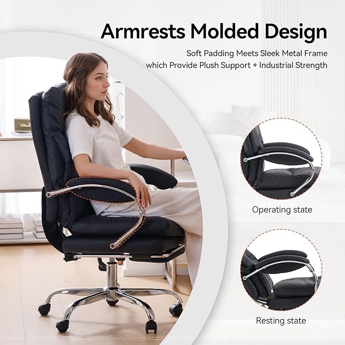 LEAGOO Reclining Office Chair with Foot Rest, Executive Office Chairs with Arms, Ergonomic High Back PU Leather Comfy Swivel Computer Desk Chairs with Wheels and Lumbar Support for Home Office, Black-DeskLoop Office